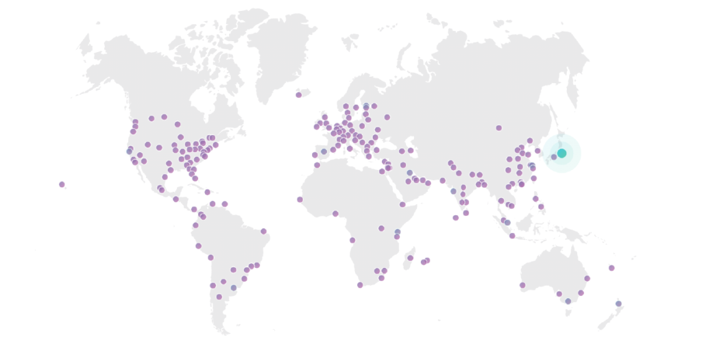 The data centers across the globe that represent the Cloudflare infrastructure. 
