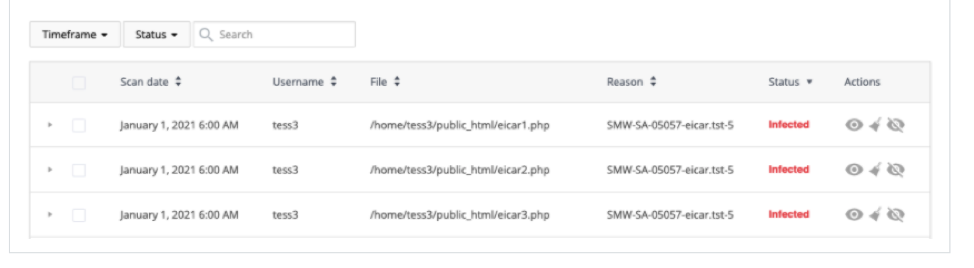 The list of infected files in the report in cPanel
