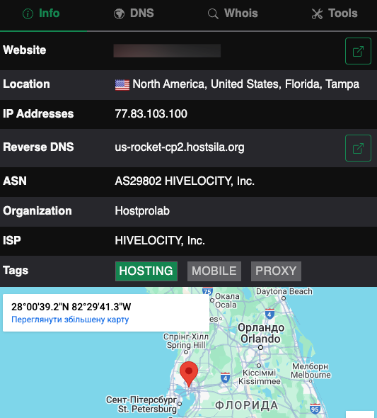 Detailed analysis of hosting characteristics in the IP Whois plugin panel 