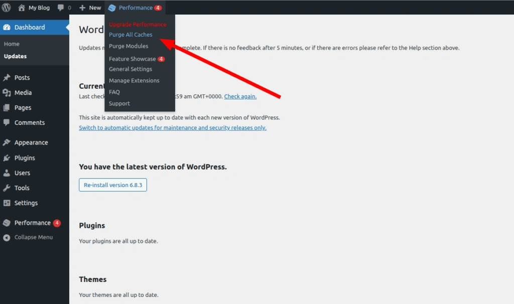 Clearing the cache on a WP site using the W3 Total Cache plugin