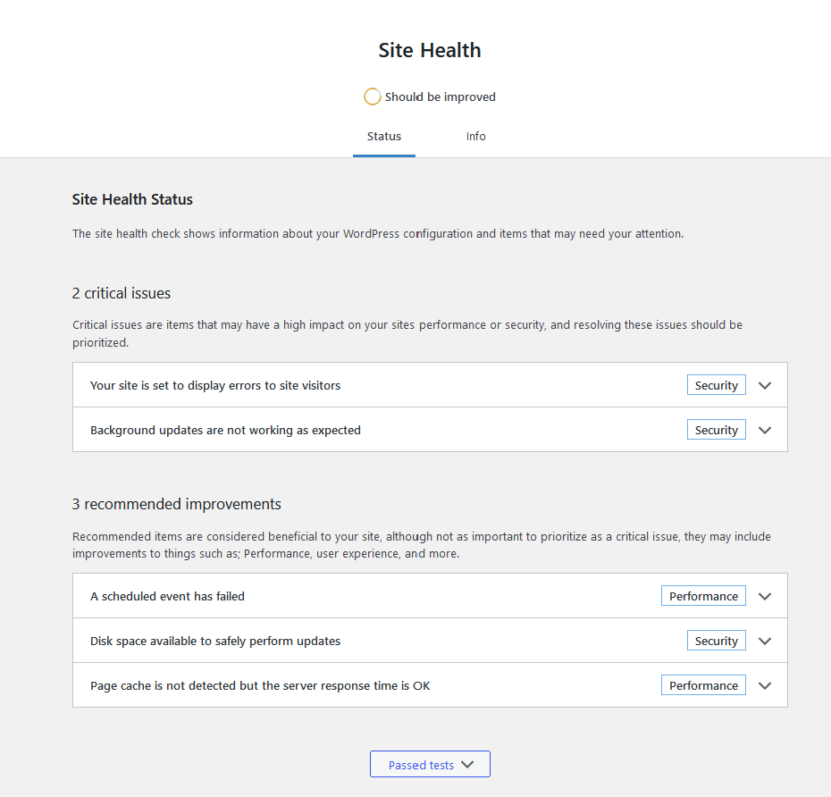 A list of recommendations from WordPress on improving website performance and security.