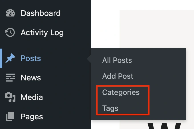 The categories and tags tab on a WP website blog.