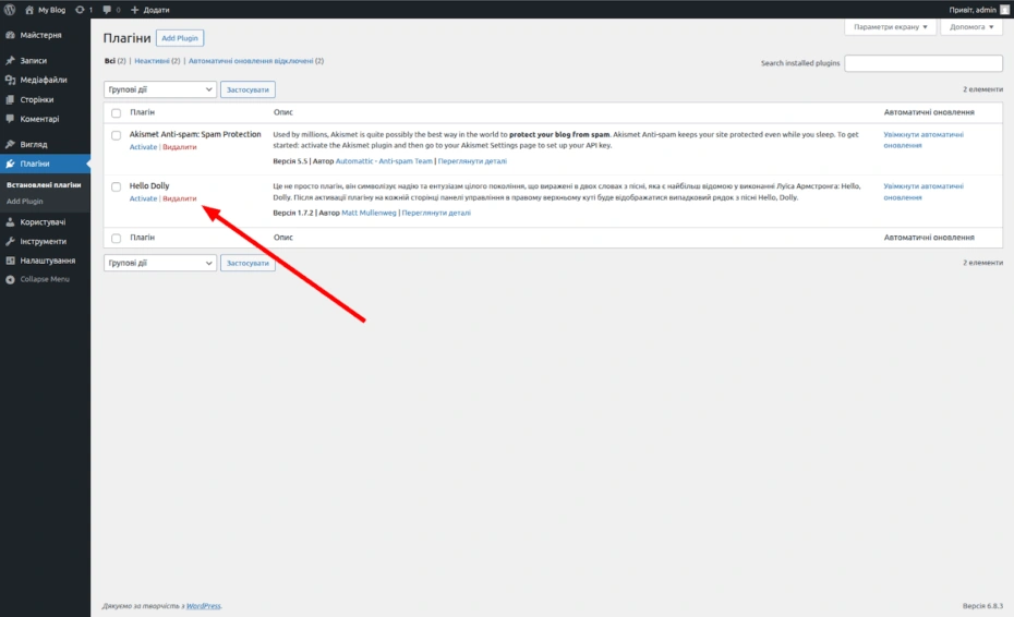 Deleting a plugin in the WP admin panel.