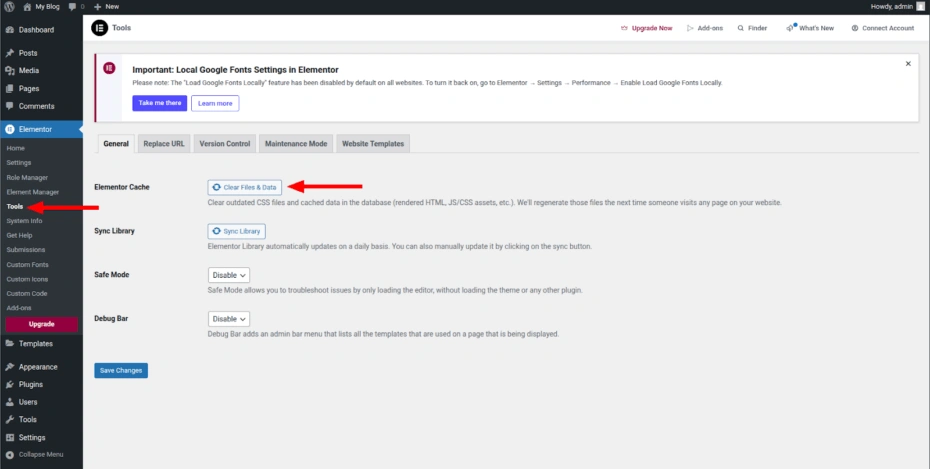 Clearing the Elementor builder cache through the WordPress admin panel