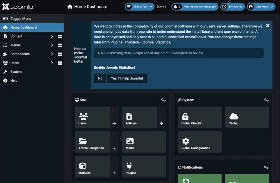 The Joomla admin panel homepage
