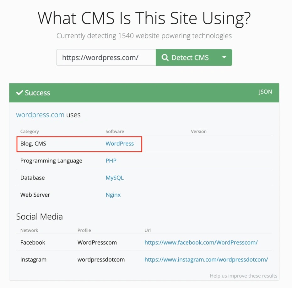 Identifying the CMS used to develop a website using a specialized service
