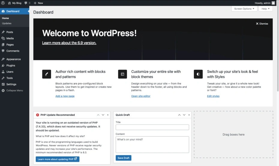 The WordPress admin panel homepage interface