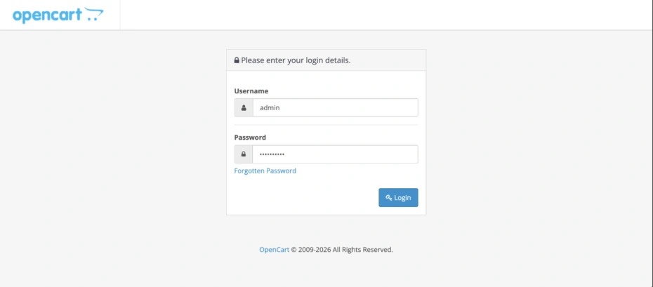 The process of logging into the OpenCart admin panel