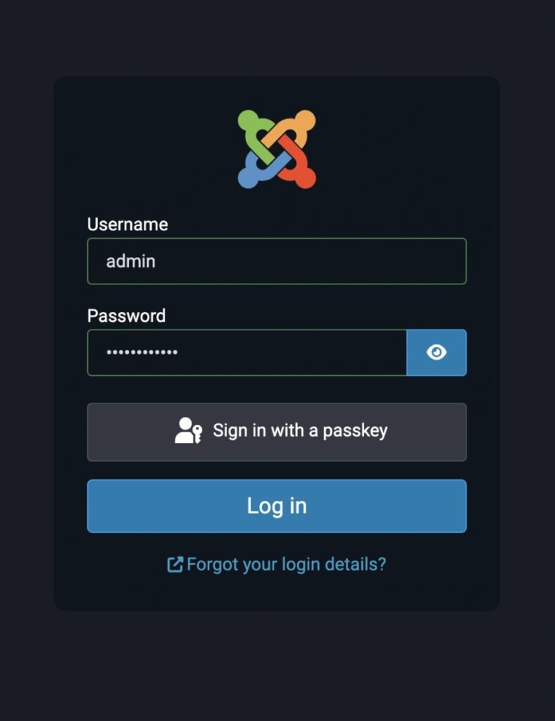 The process of logging into the admin panel in Joomla CMS