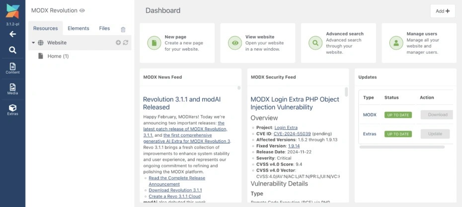 What the MODX CMS admin panel looks like